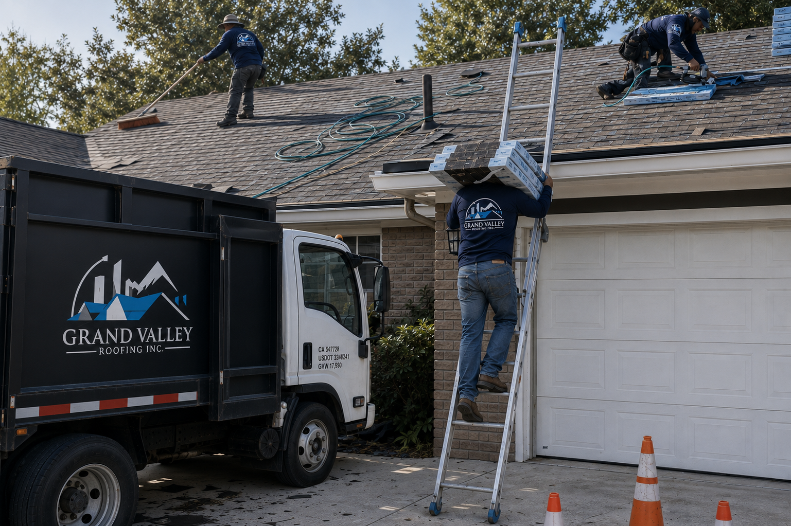 Grand Valley Roofing crew and branded truck during a residential shingle installation
