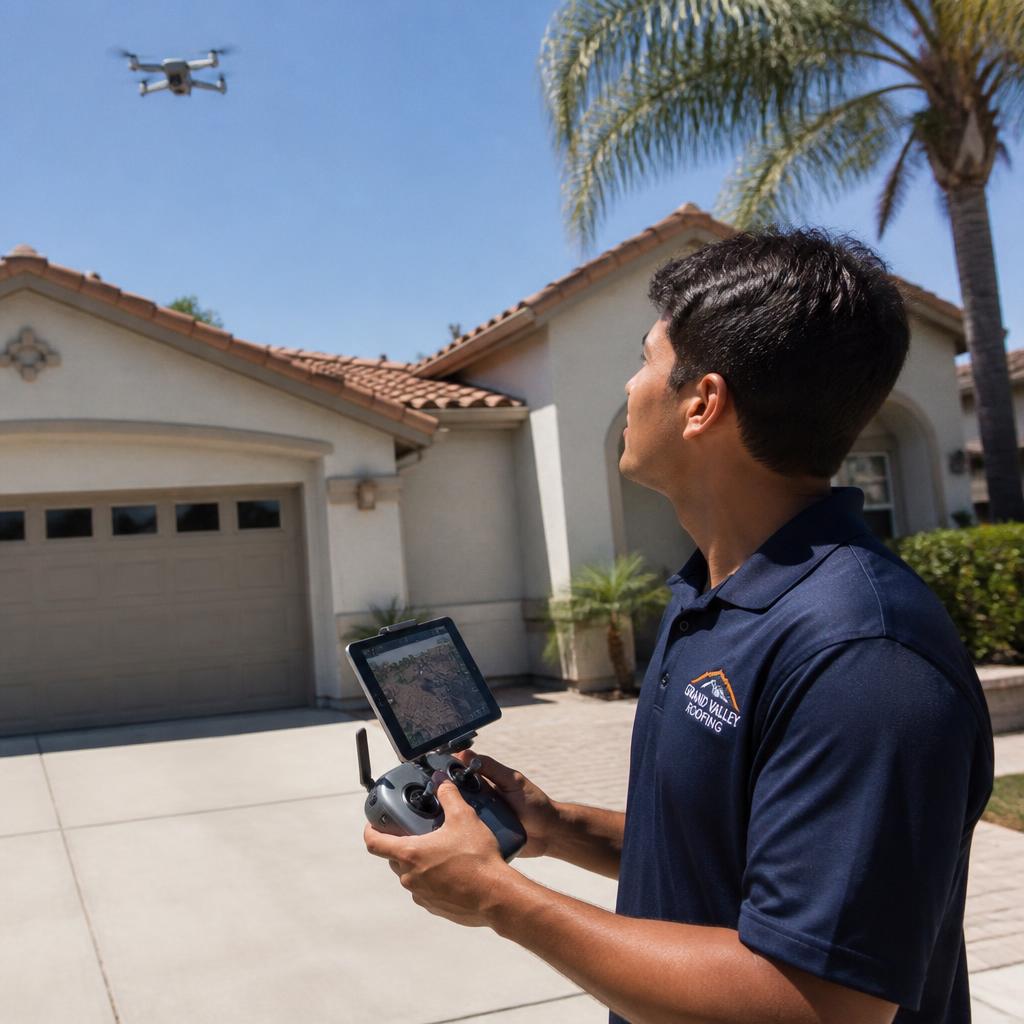 Team member conducting a drone roof inspection in a suburban driveway