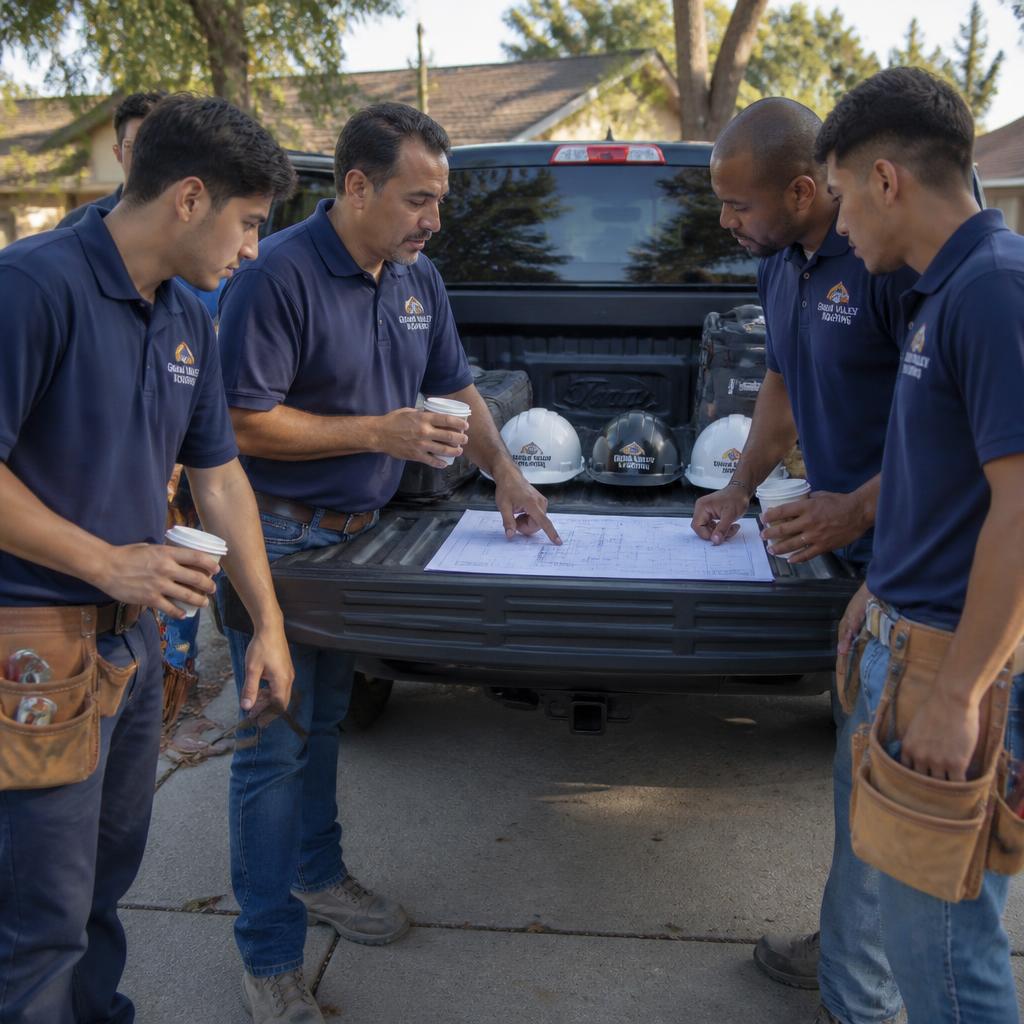 Grand Valley Roofing crew reviewing a printed roof plan on the tailgate of a company truck