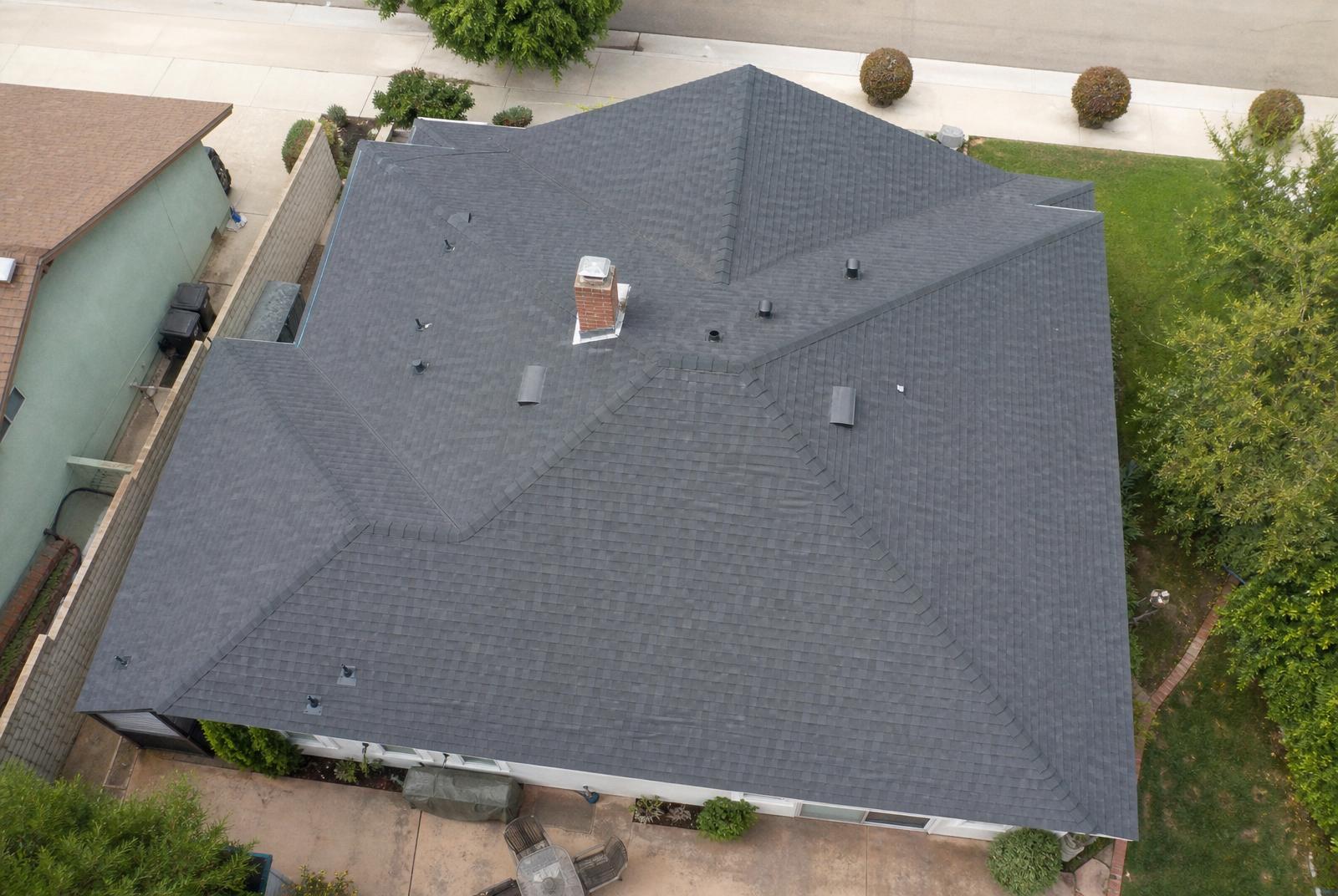Aerial drone view of finished architectural shingle roof