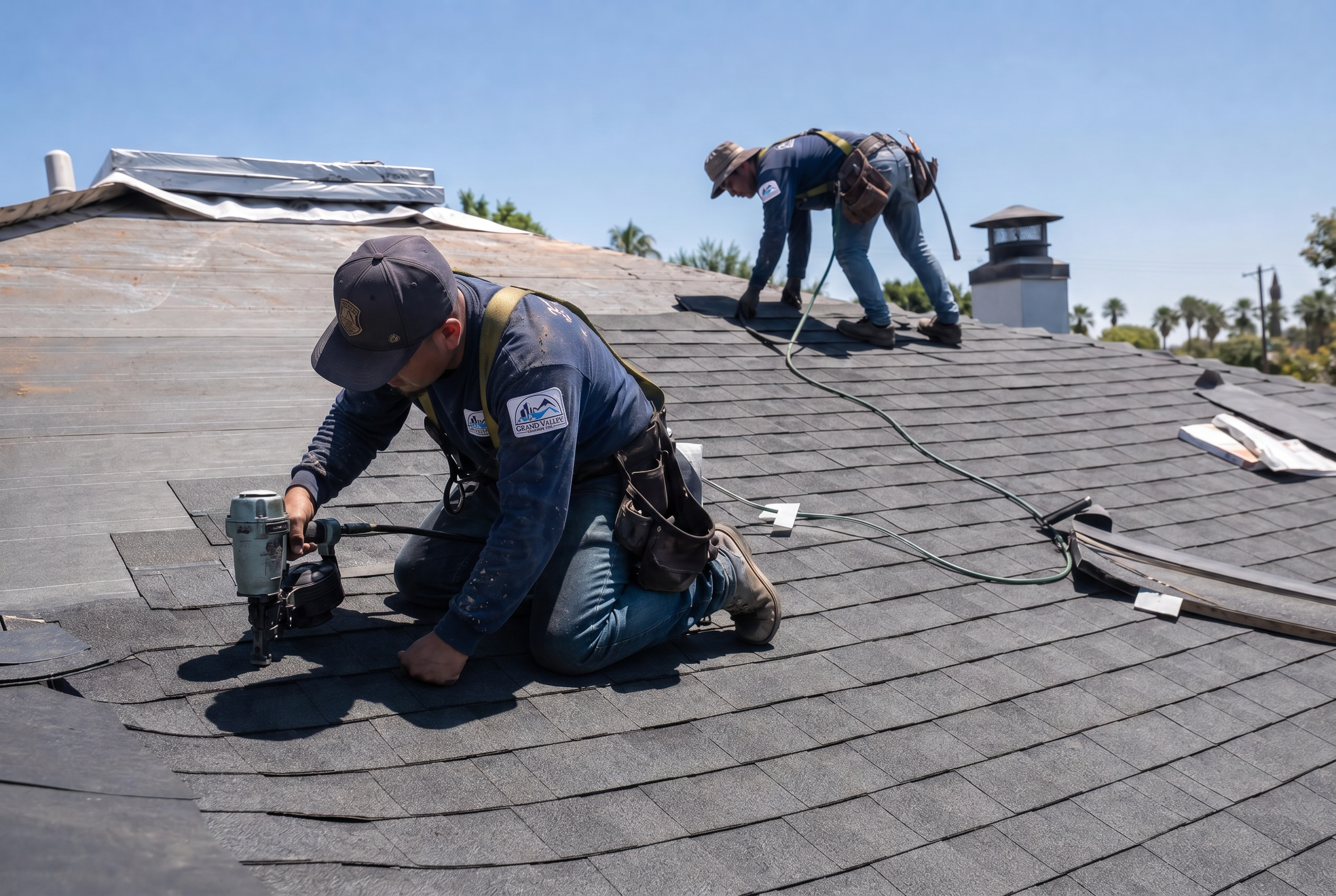 Grand Valley Roofing crew installing architectural shingles on a Southern California home at golden hour