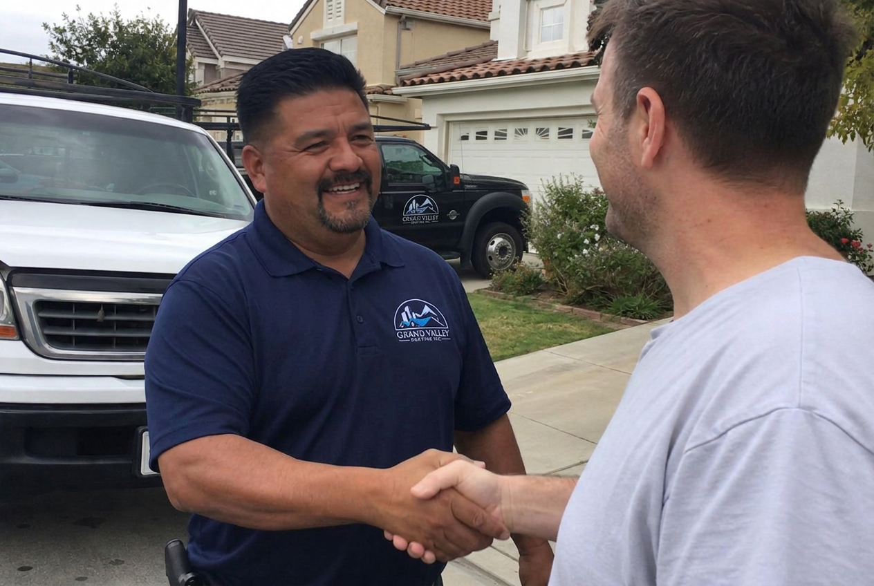 Grand Valley Roofing owner shaking hands with a homeowner in front of a company work truck
