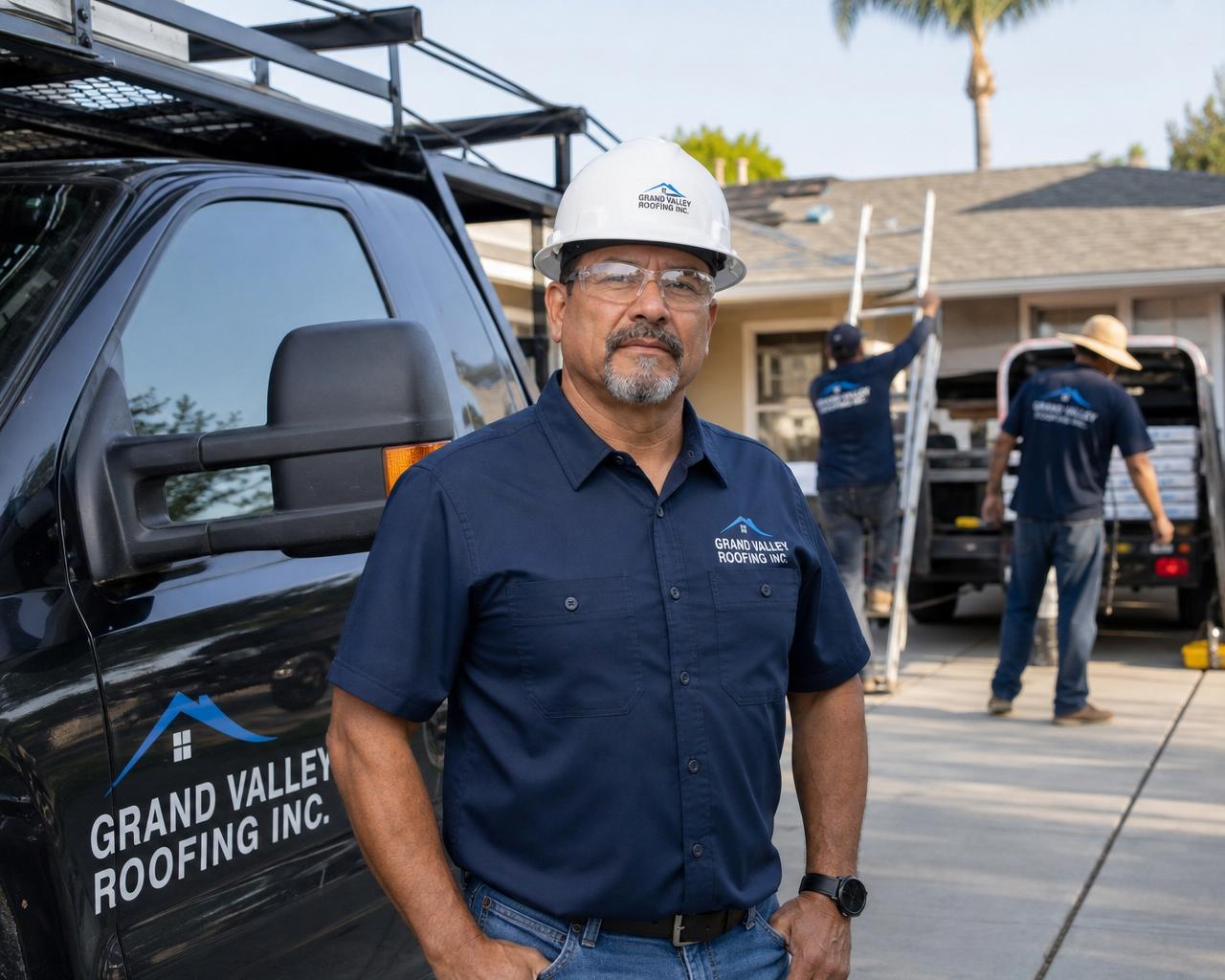 Grand Valley Roofing Project Manager standing beside a company work truck with crew members preparing for a roofing installation